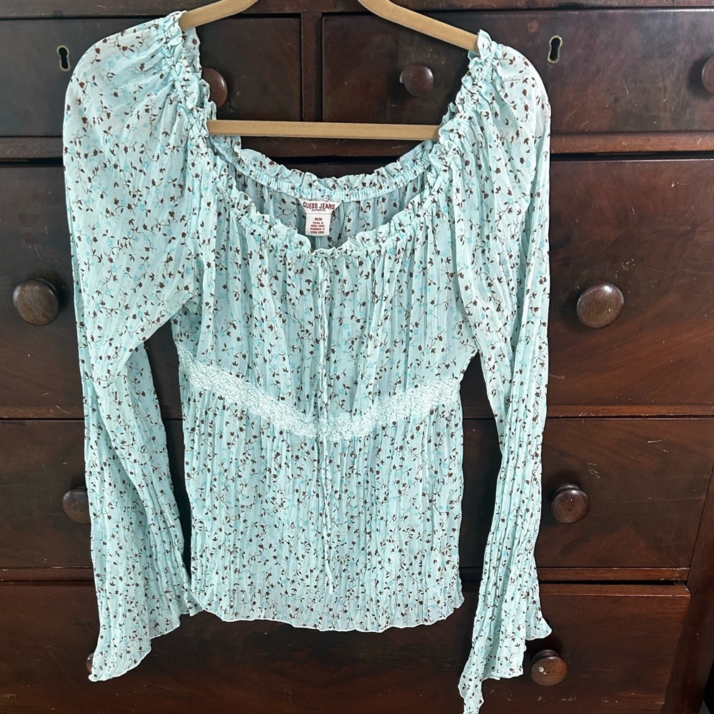 Vintage Y2K 90s Guess Baby Doll Lace Sheer Bell Sleeve Green Blouse Top Medium